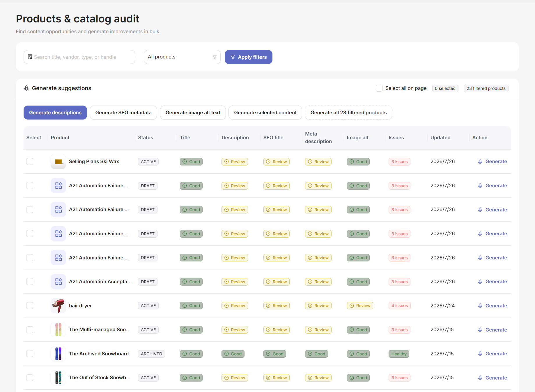 Products and catalog audit with bulk content actions and field-level issue status